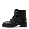 Chanel Shiny Lambskin Quilted Lace Up Combat Boots 38.5 Black