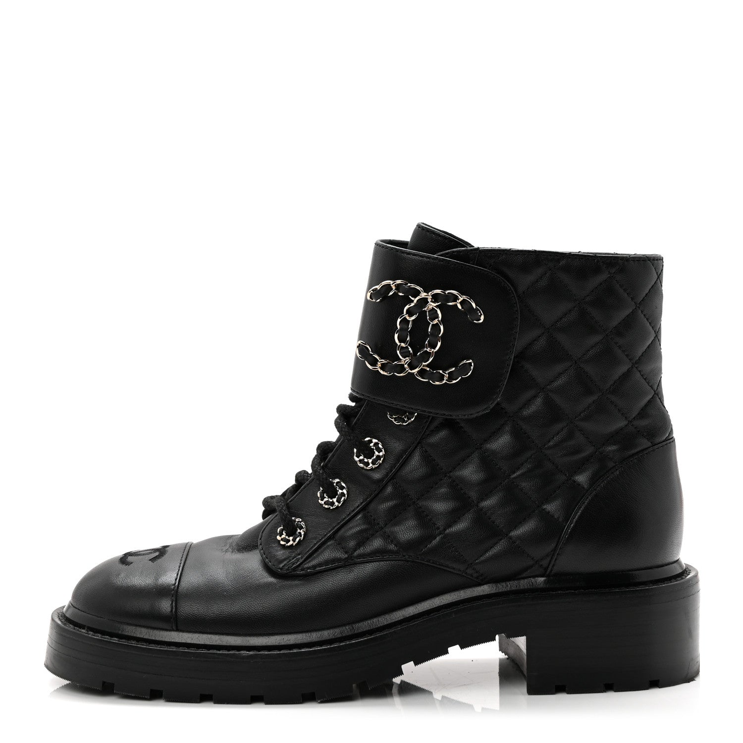 Chanel Shiny Lambskin Quilted Lace Up Combat Boots 38.5 Black