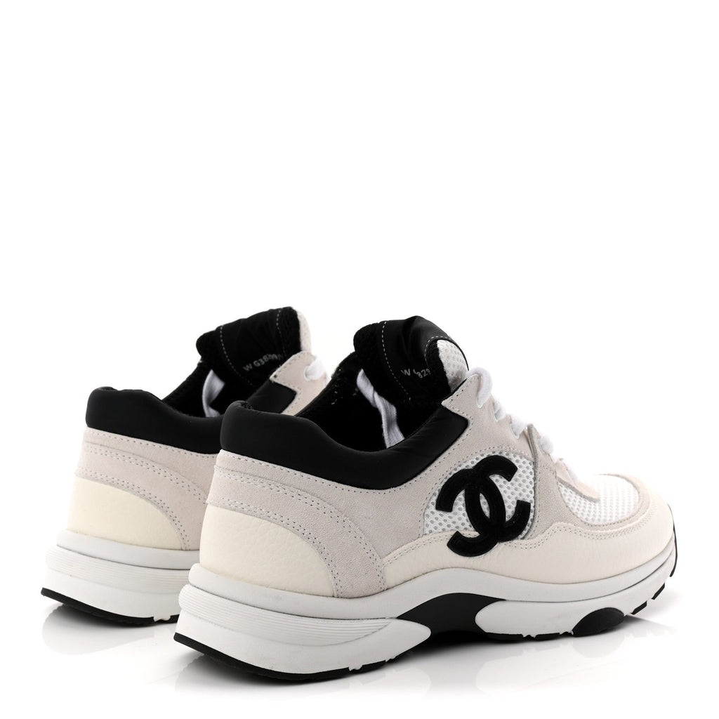 Mesh Suede Calfskin Grained Calfskin Womens CC Sneakers 37.5 White Black