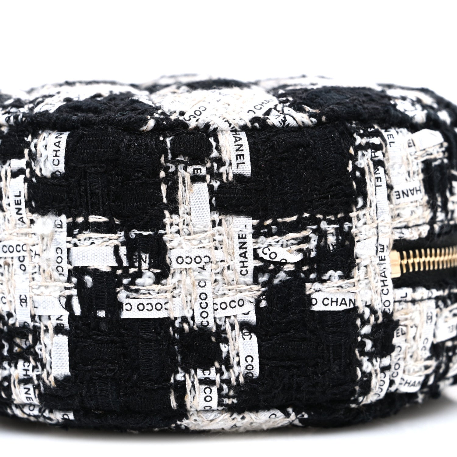 Chanel Tweed Quilted Round Clutch With Chain Black Ecru White