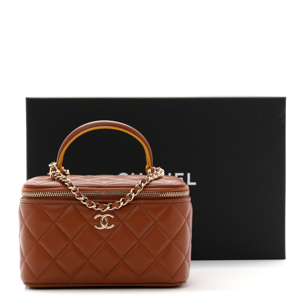 Chanel Lambskin Quilted Small Top Handle Vanity Case With Chain Light Brown Yellow