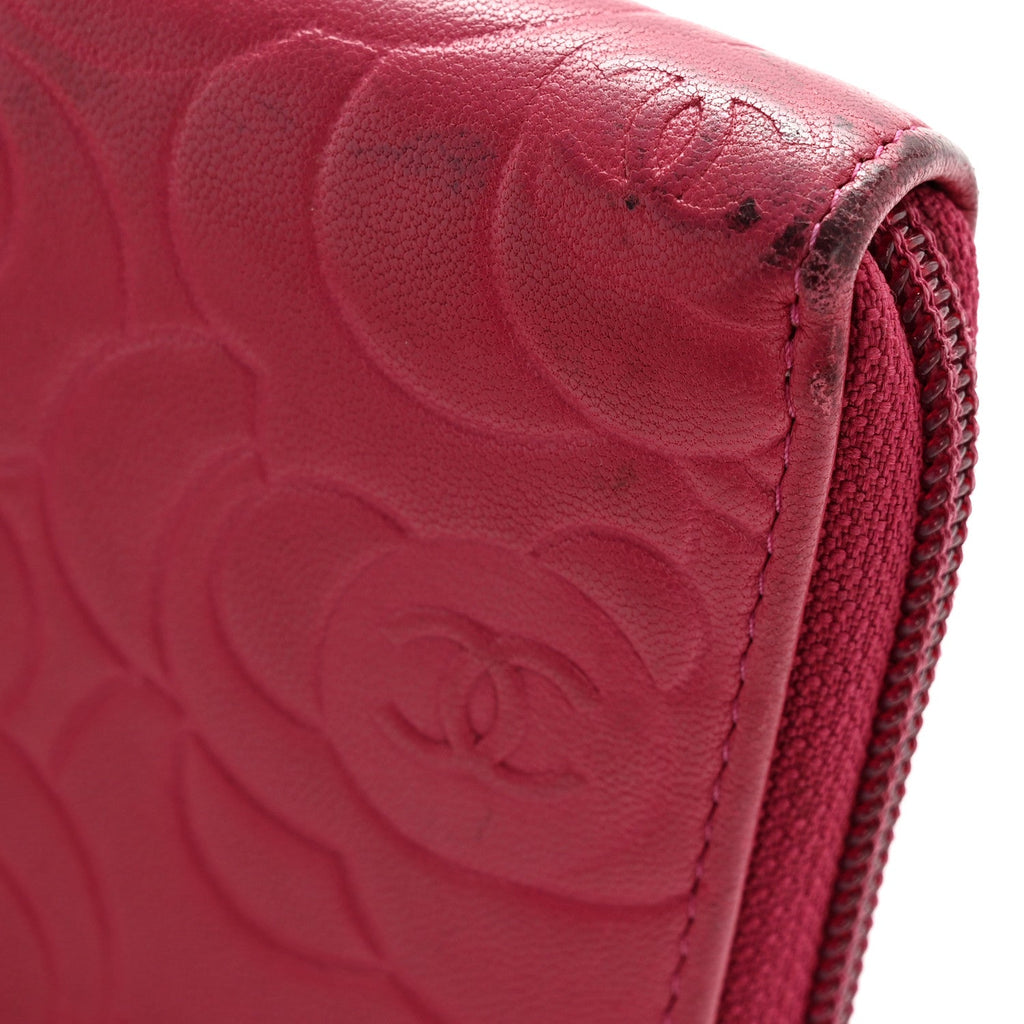 Chanel Lambskin Camellia Embossed Large Gusset Zip Around Wallet Fuchsia