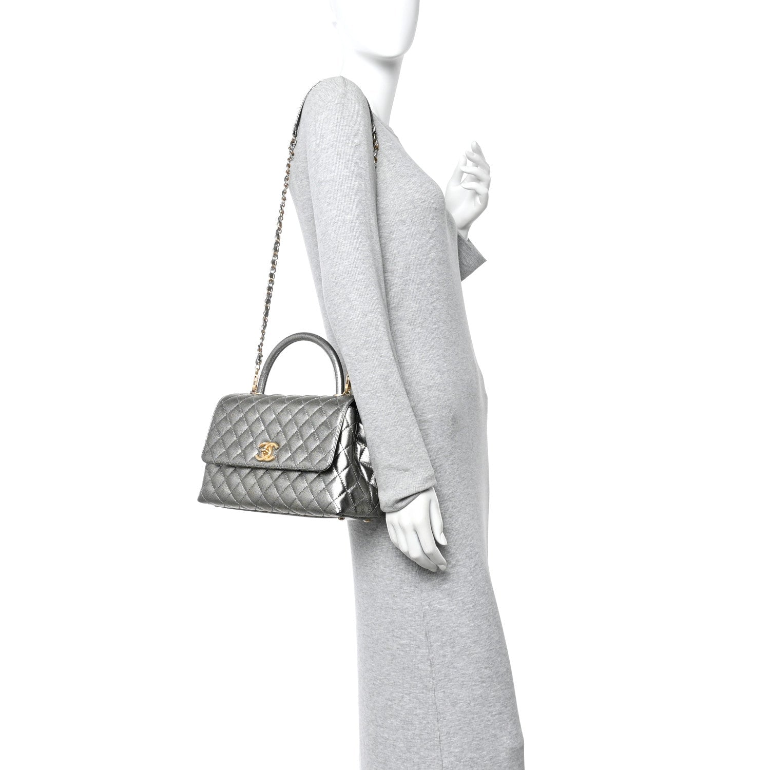 Chanel Metallic Caviar Quilted Small Coco Handle Flap Silver