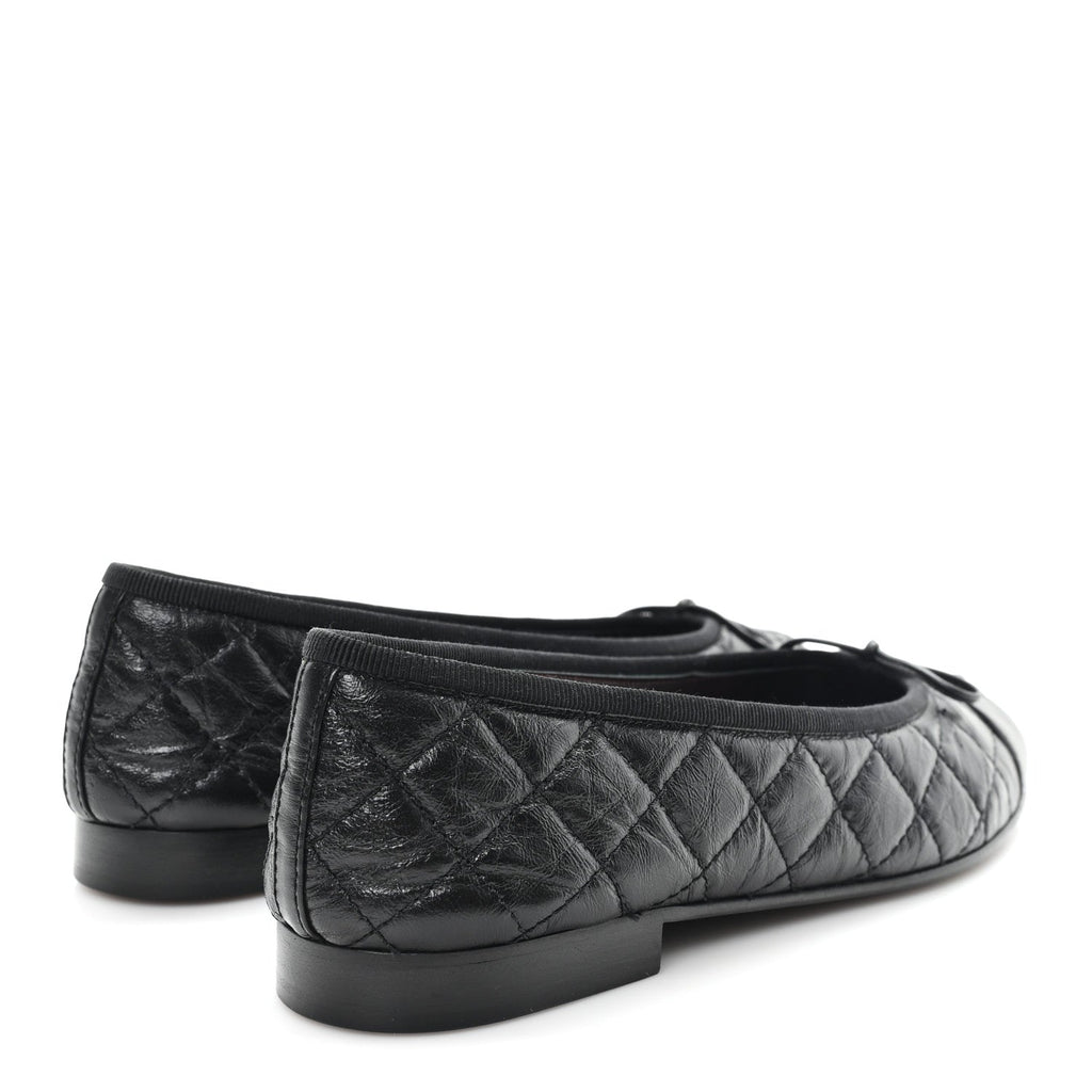 Aged Calfskin Quilted CC Cap Toe Ballerina Flats 37.5 Black