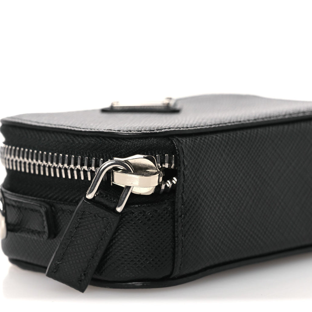 Prada Saffiano Travel Metal Triangle Logo Mini Pouch Shoulder Bag Black