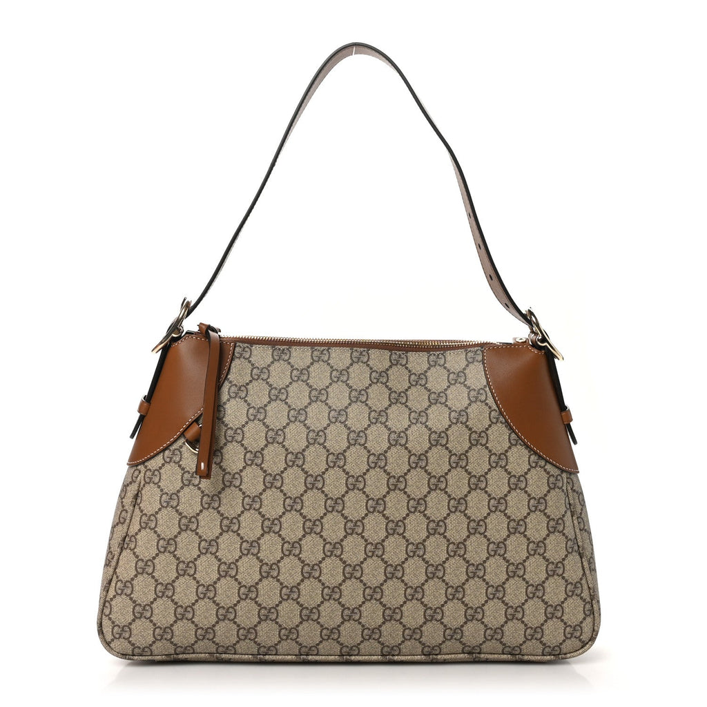 Gucci GG Supreme Monogram Emblem Medium Shoulder Bag Beige Dark Brown
