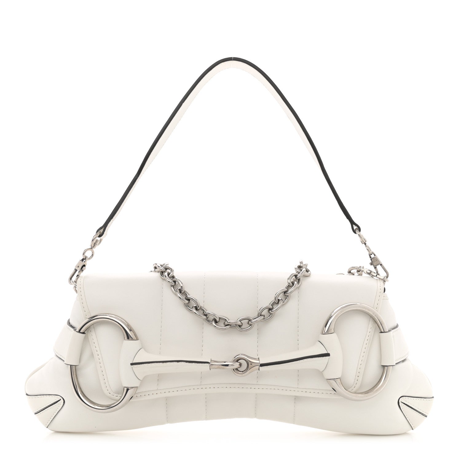 Gucci Nappa Vertical Matelasse Medium Maxi Horsebit Chain Shoulder Bag Mystic White