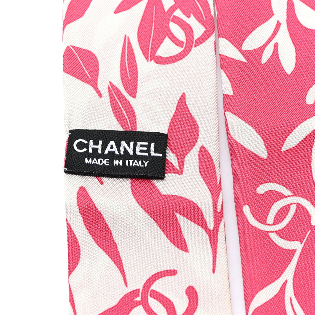 Chanel Silk Twill Slim Leaf CC Bandeau Scarf Pink White