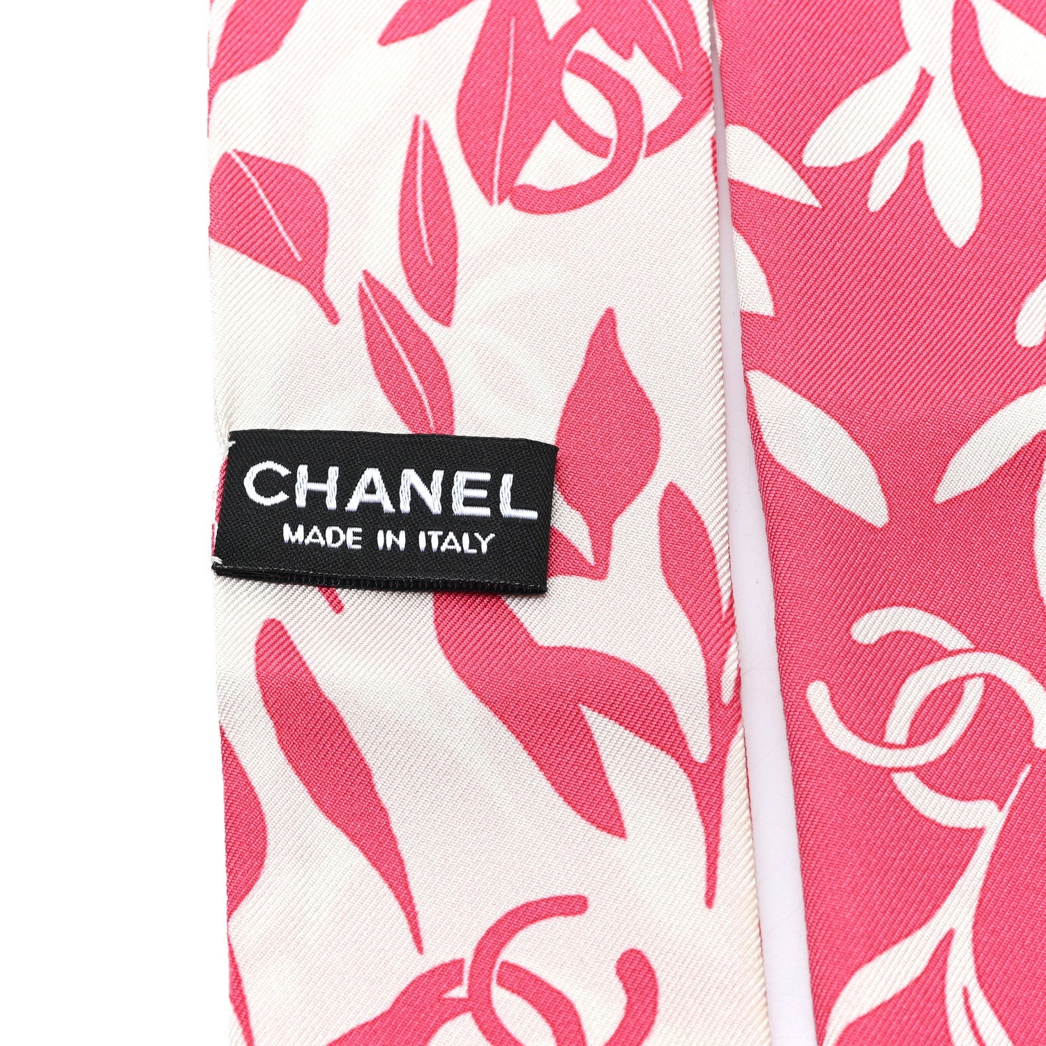 Chanel Silk Twill Slim Leaf CC Bandeau Scarf Pink White