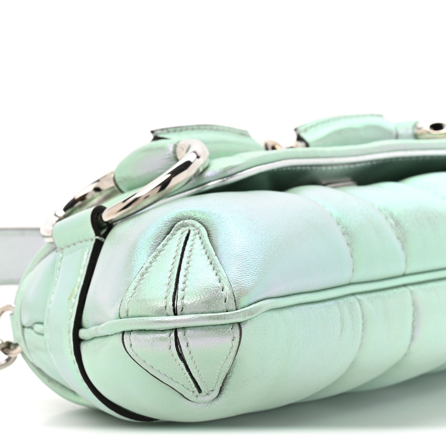 Gucci Iridescent Nappa Vertical Matelasse Small Maxi Horsebit Chain Shoulder Bag Iridescent Salvy Green