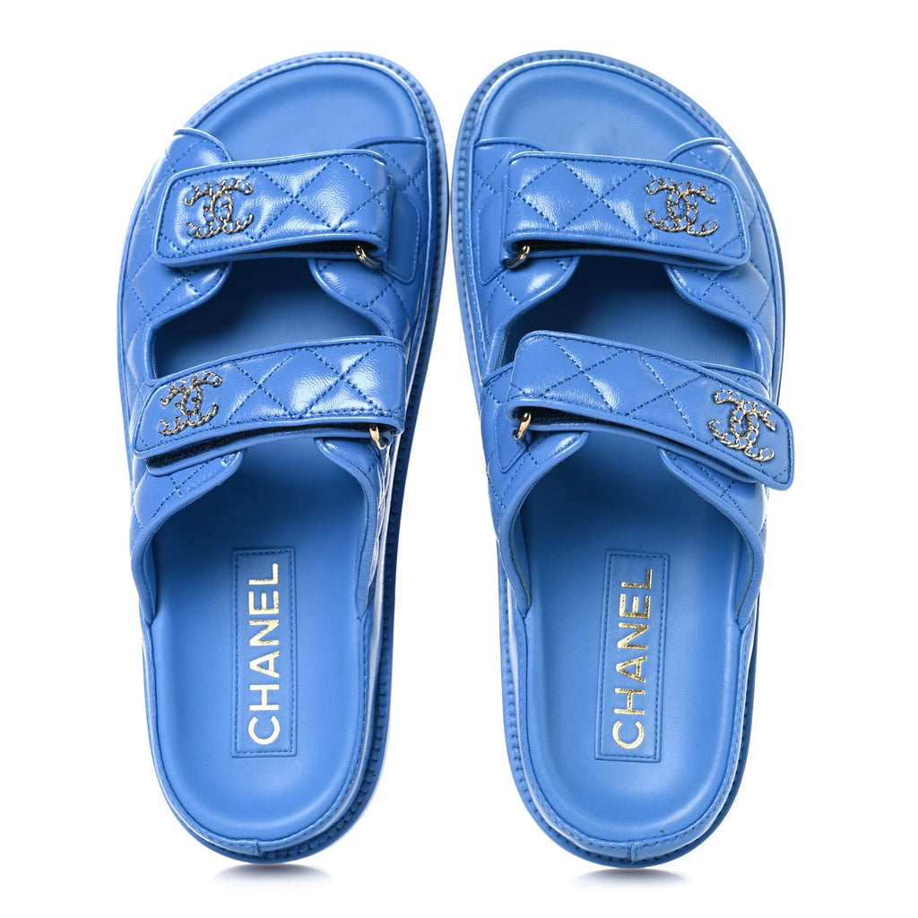 Lambskin Quilted Velcro Dad Chain CC Slide Sandals 37 Blue
