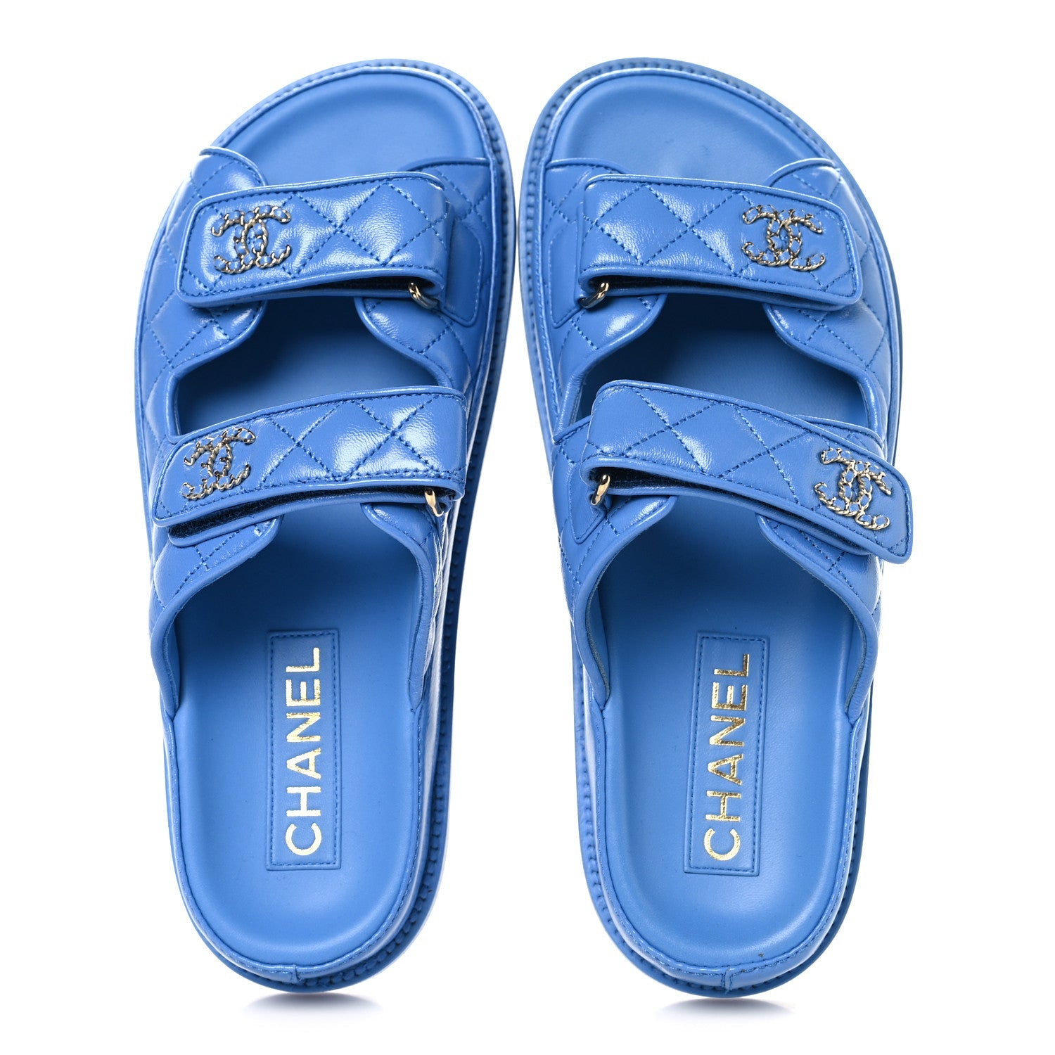 Lambskin Quilted Velcro Dad Chain CC Slide Sandals 37 Blue