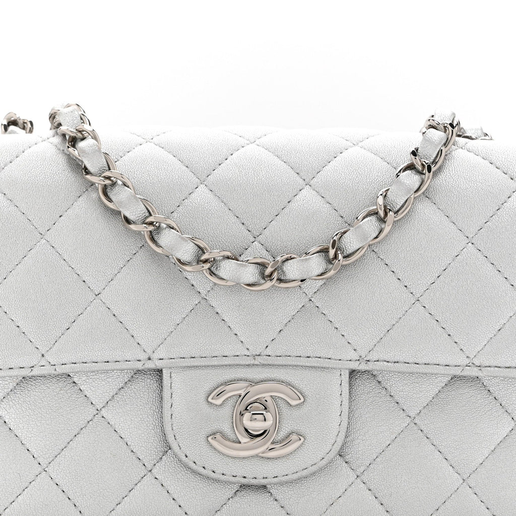 Chanel Metallic Lambskin Quilted Mini Rectangular Flap Silver