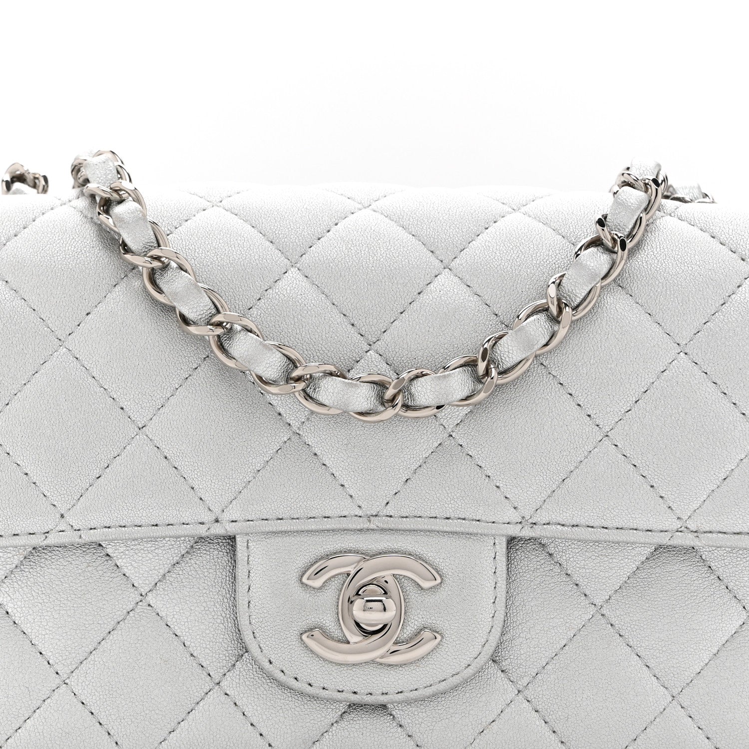 Chanel Metallic Lambskin Quilted Mini Rectangular Flap Silver