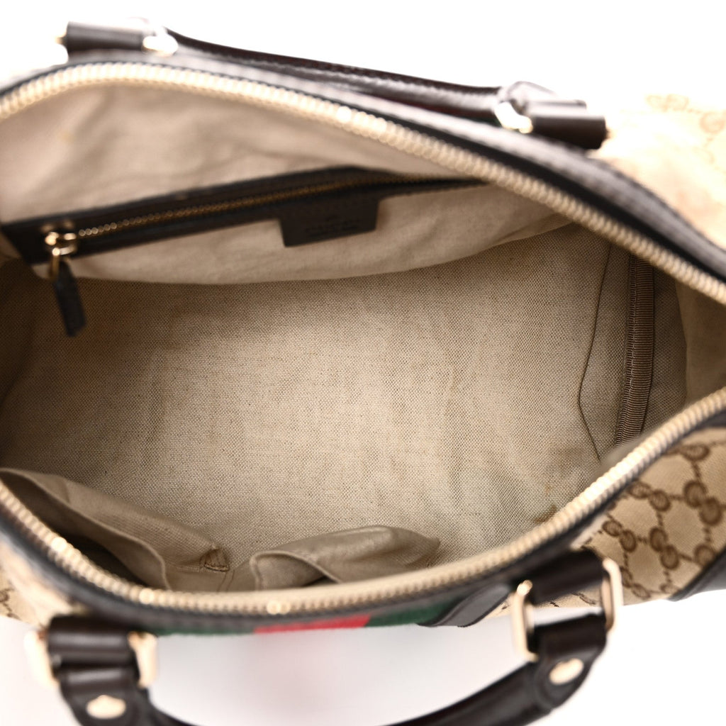 Gucci Monogram Selleria Calfskin Vintage Web Medium Boston Beige Ebony Cocoa