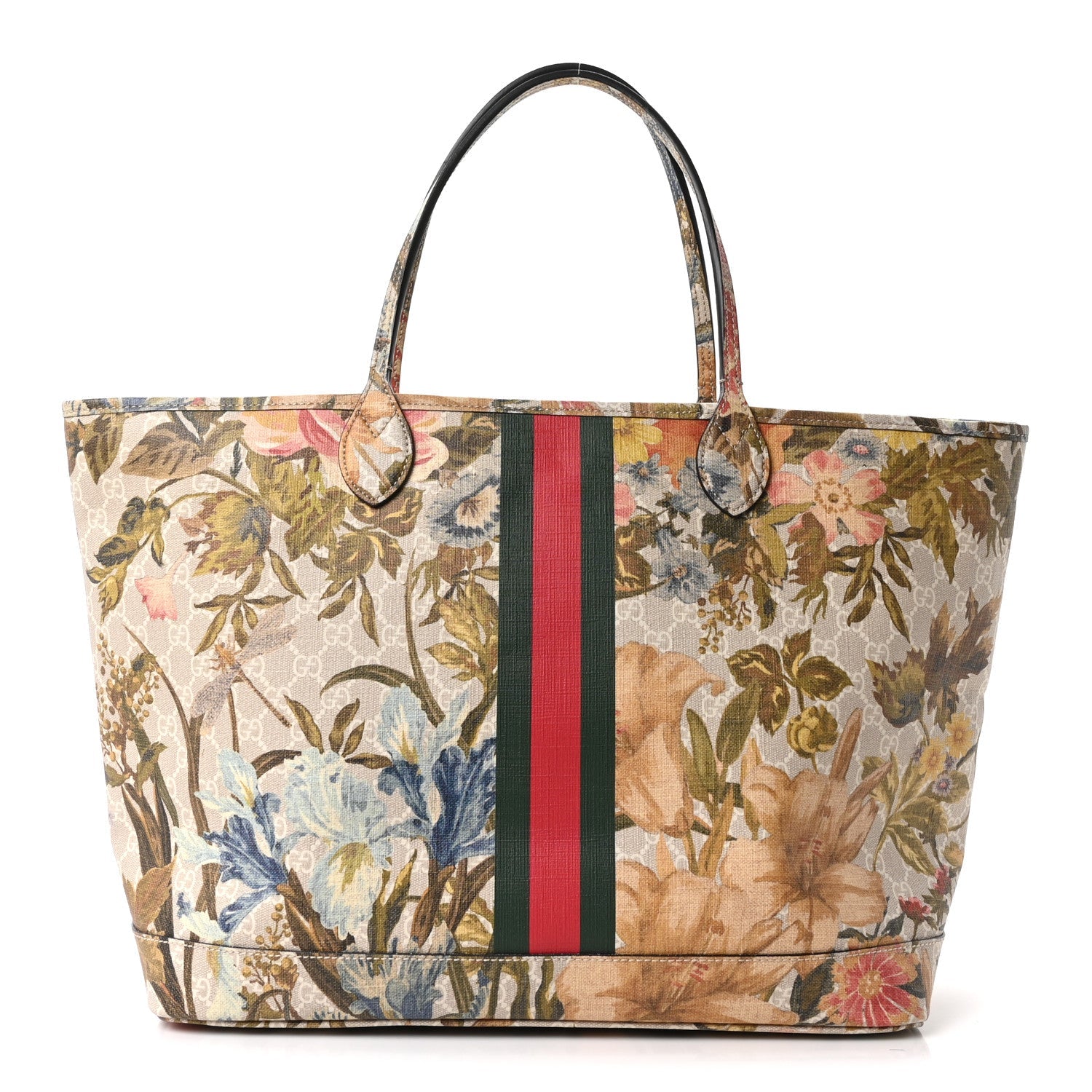 Gucci GG Supreme Monogram Water Flora Web Large Ophidia Tote Beige White Multicolor