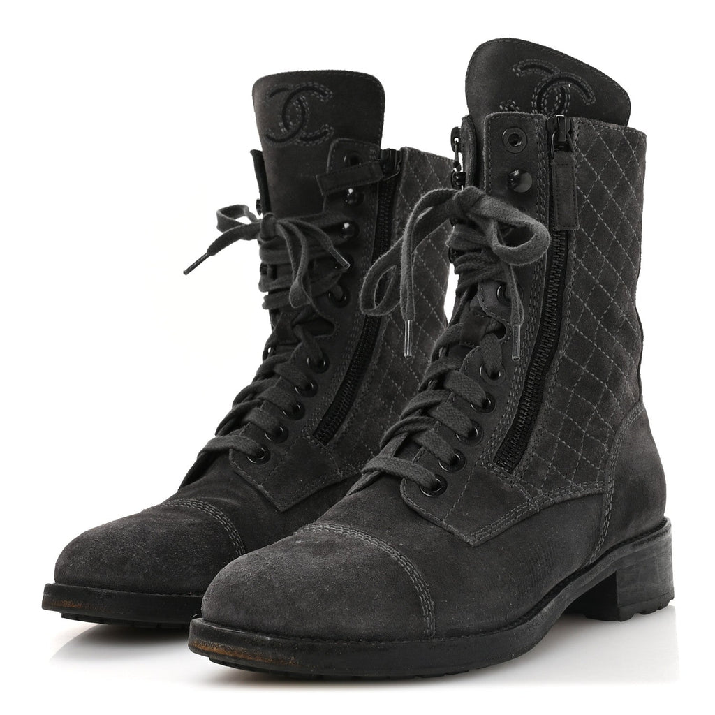 Chanel Suede Quilted CC Tall Lace Up Combat Boots 38 Grey