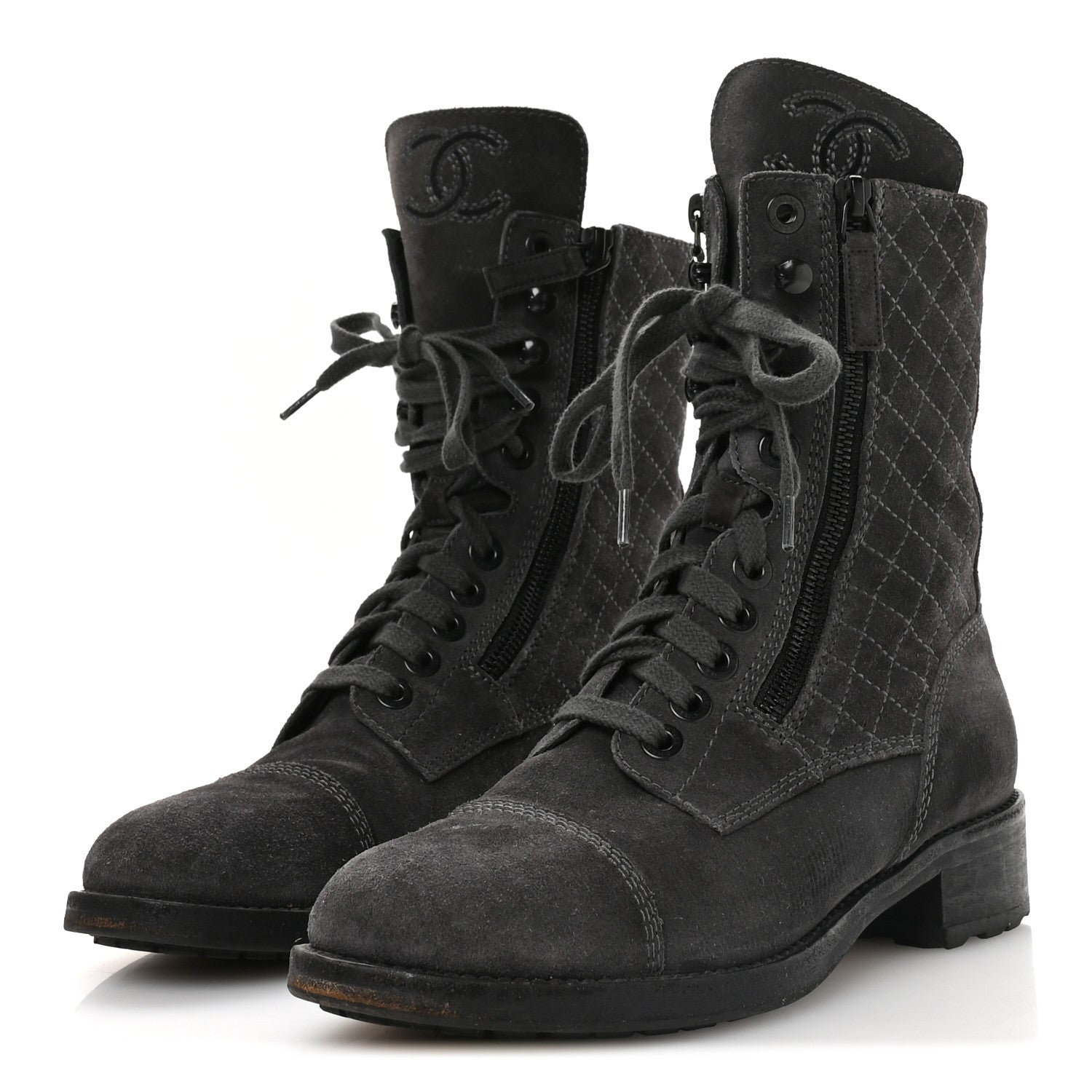 Chanel Suede Quilted CC Tall Lace Up Combat Boots 38 Grey