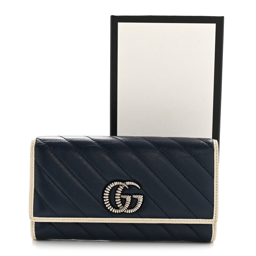 Gucci Vintage Effect Calfskin Matelasse Diagonal Torchon GG Marmont Continental Wallet Blue Agata Mystic White