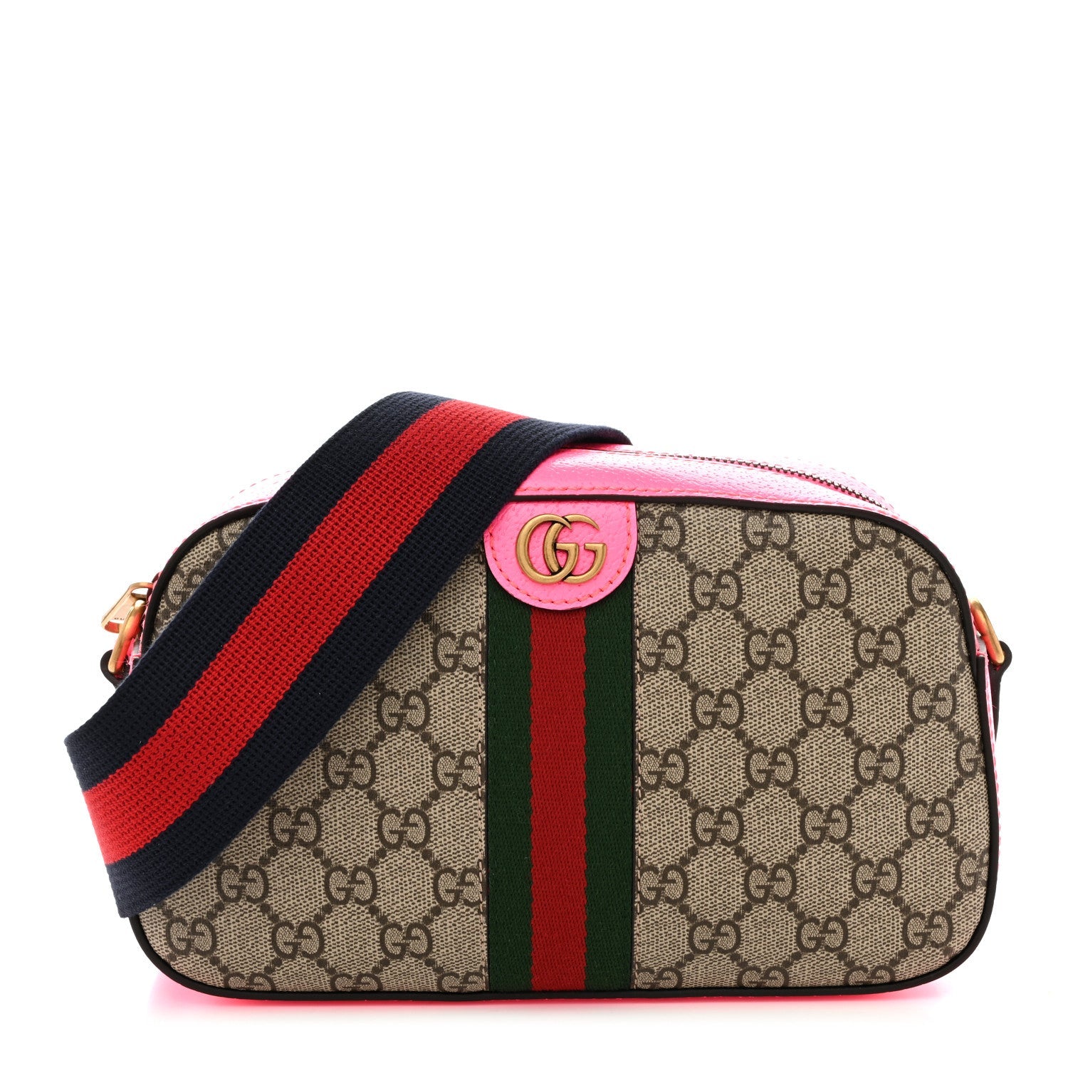 Gucci GG Supreme Monogram Textured Dollar Calfskin Web Ophidia Small Crossbody Bag Beige Ebony Fuchsia