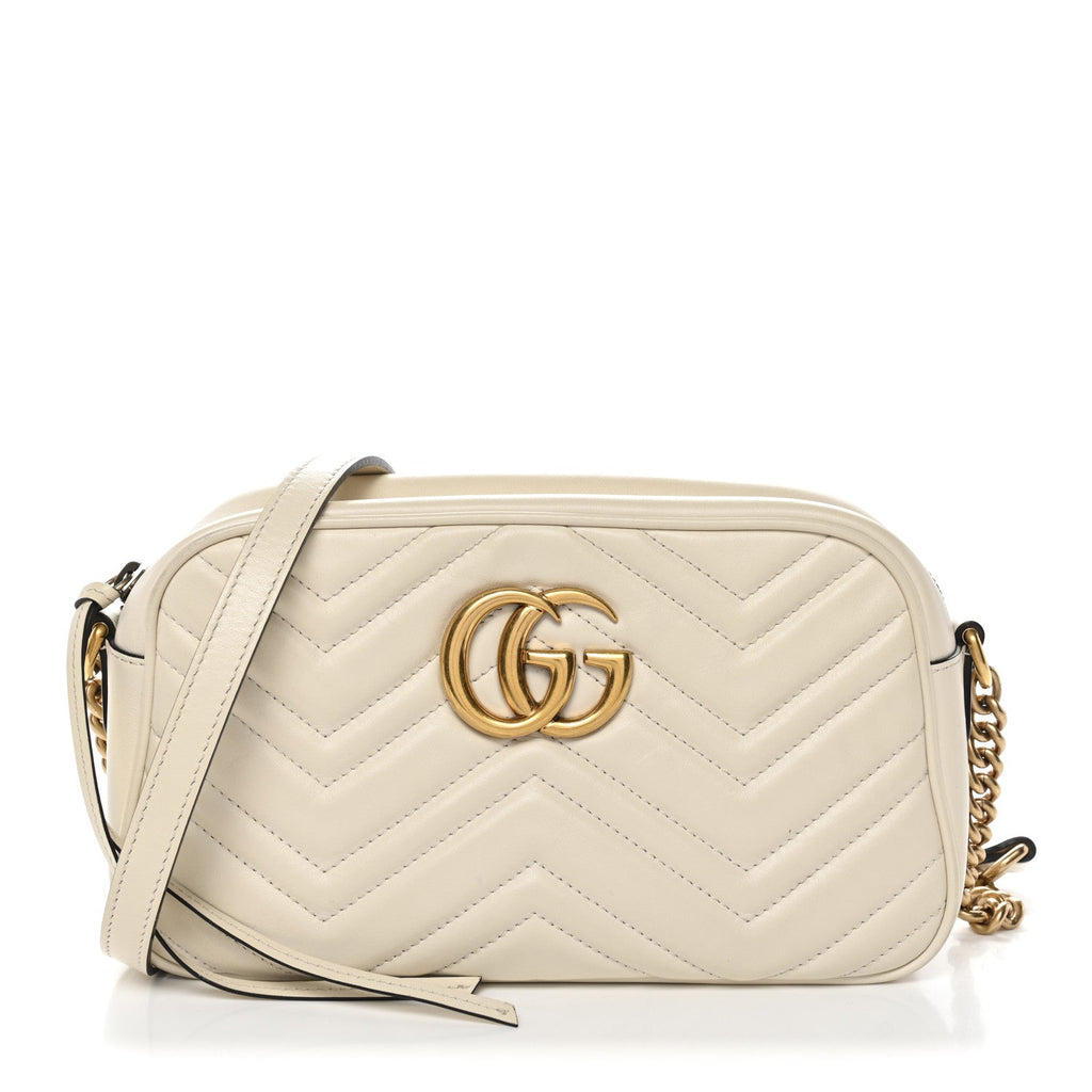 Gucci Calfskin Matelasse Small GG Marmont Chain Shoulder Bag White