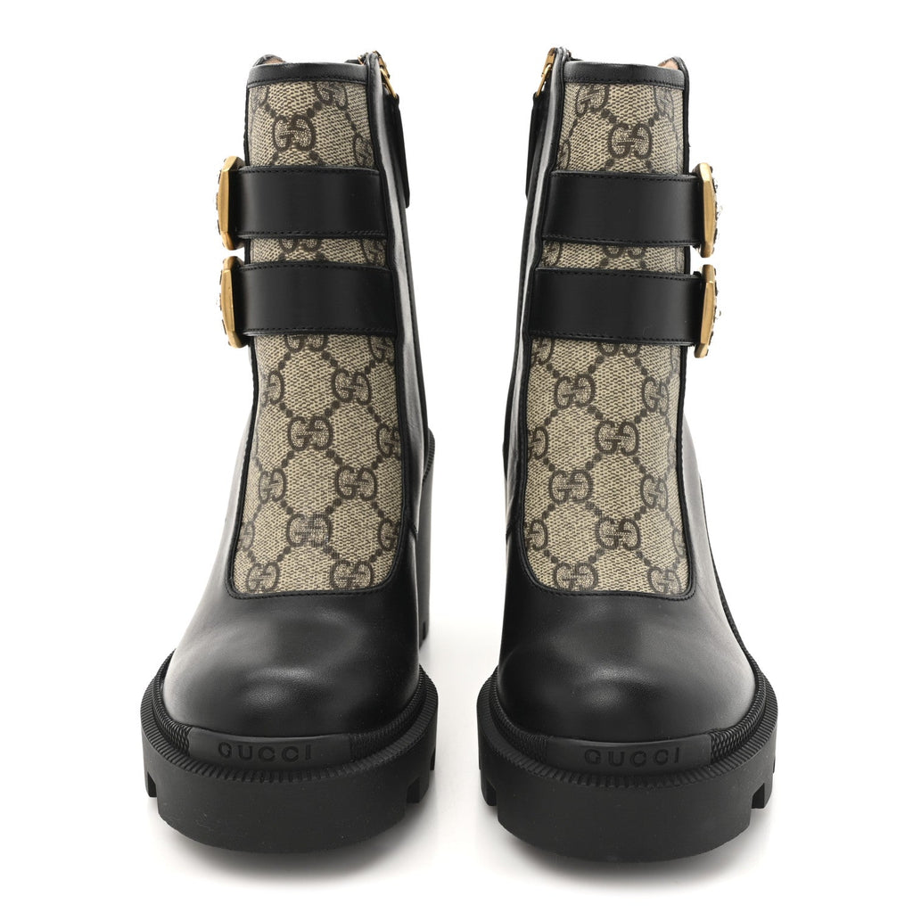 Gucci Kensington Calfskin Nappa GG Supreme Monogram Womens Double Buckle Ankle Boots 35 Black