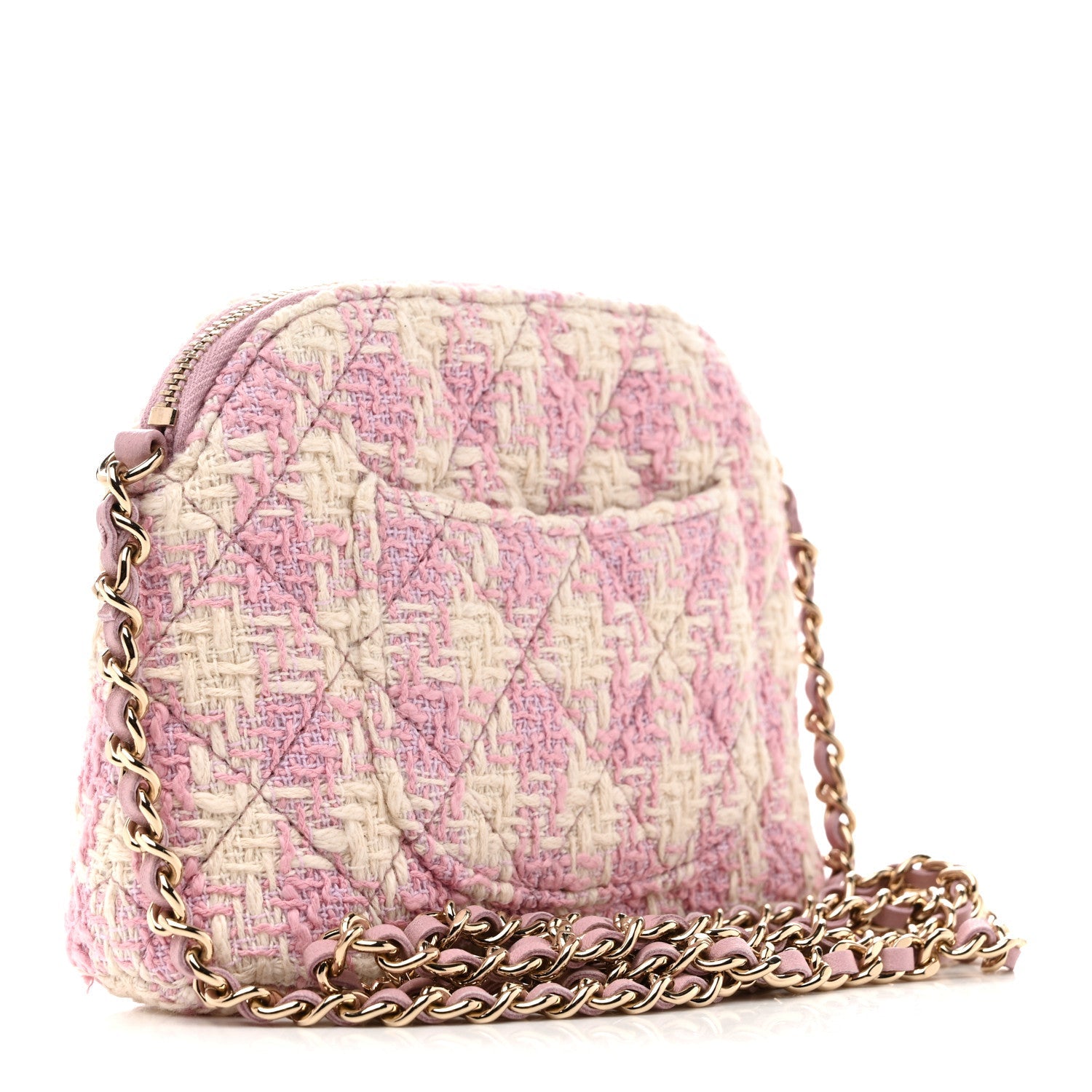 Chanel Tweed Quilted Mini Clutch With Chain Pink