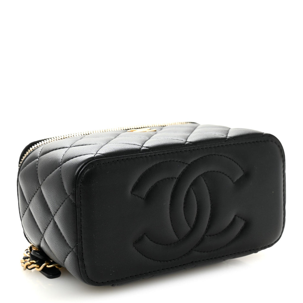 Chanel Lambskin Quilted Metal Small Top Handle Vanity Case With Chain Black