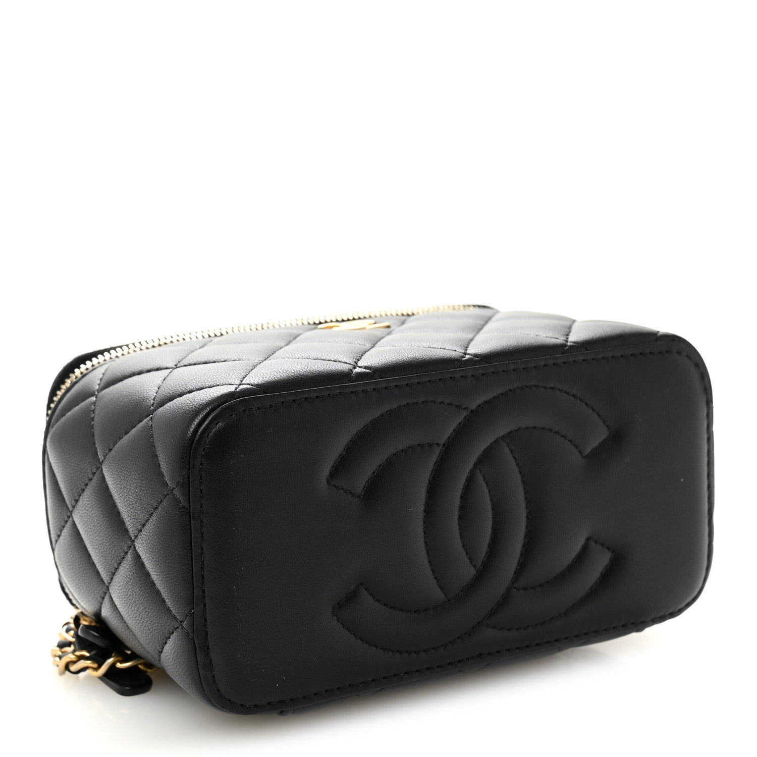 Chanel Lambskin Quilted Metal Small Top Handle Vanity Case With Chain Black