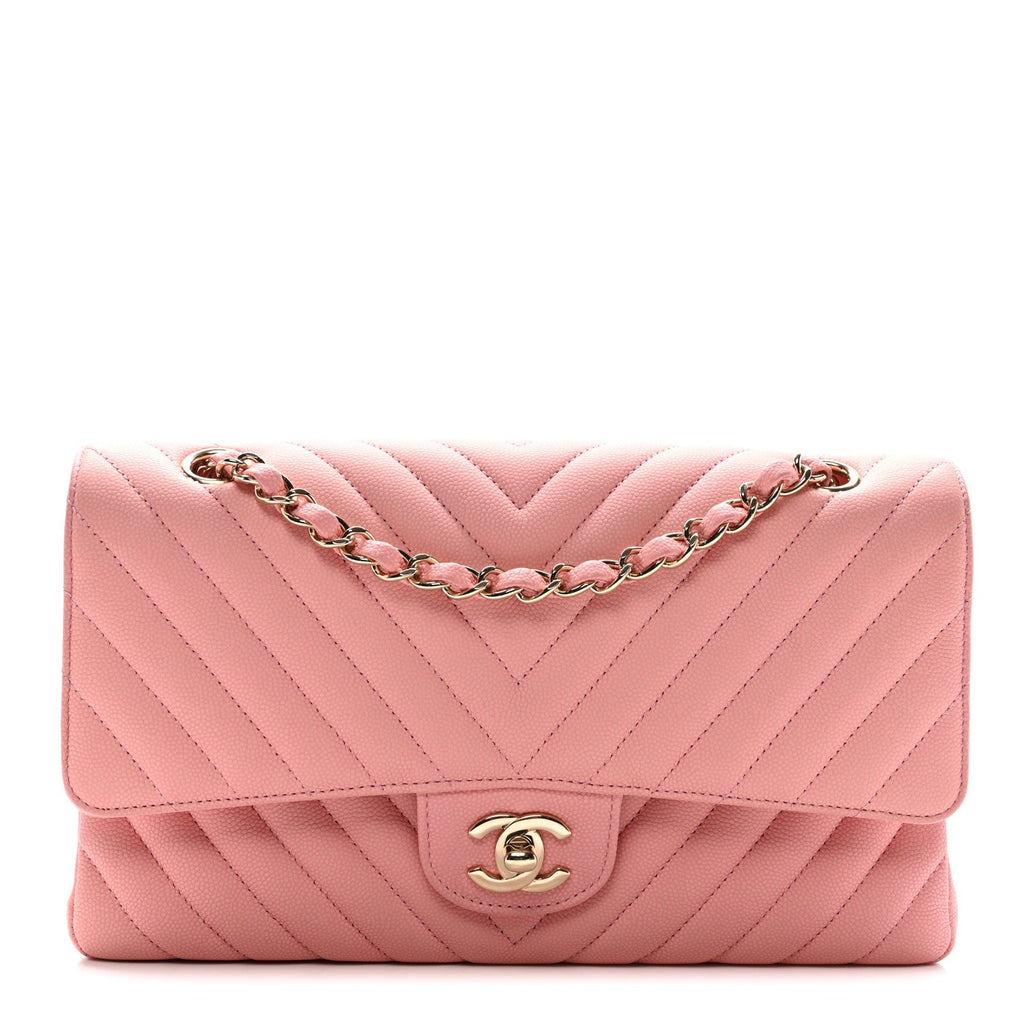 Chanel Caviar Flat Chevron Quilted Medium Double Flap Pink