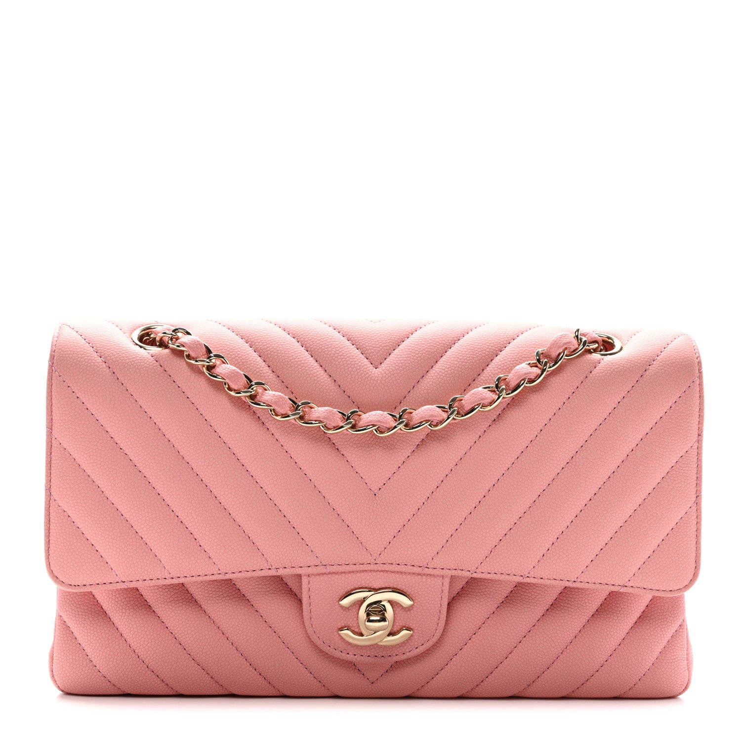 Chanel Caviar Flat Chevron Quilted Medium Double Flap Pink