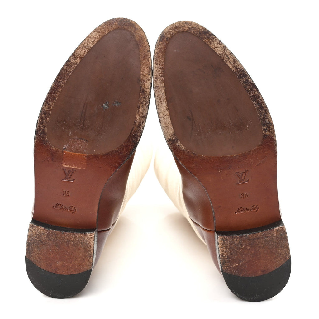 Louis Vuitton Canvas Calfskin Heritage Flat High Boots 38 Beige Brown