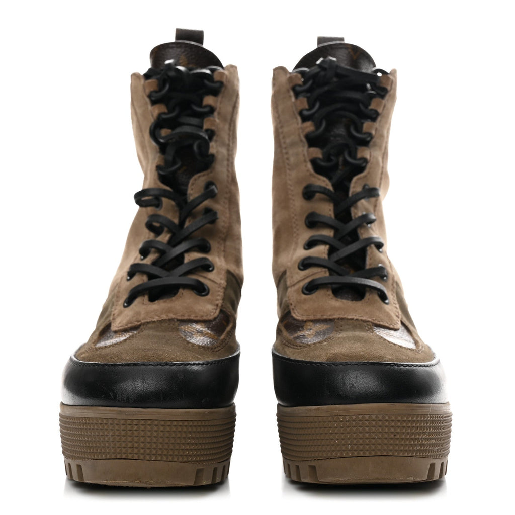 Louis Vuitton Suede Calfskin Monogram Laureate Platform Desert Boots 36 Taupe