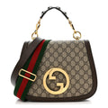 Gucci GG Supreme Monogram Textured Dollar Calfskin Web Medium Blondie Top Handle Shoulder Flap Bag Beige Ebony New Acero