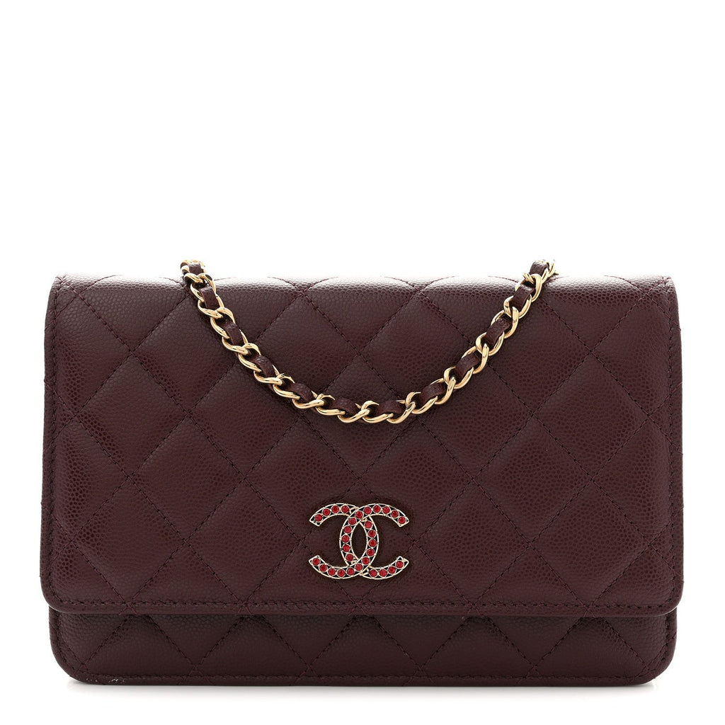 Chanel Shiny Caviar Quilted Strass Wallet On Chain WOC Bordeaux