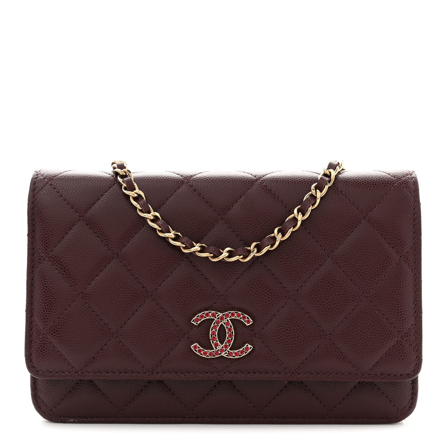Chanel Shiny Caviar Quilted Strass Wallet On Chain WOC Bordeaux