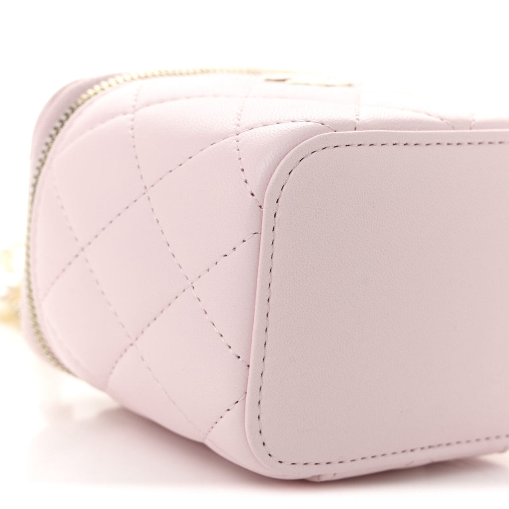Chanel Lambskin Quilted Mini Vanity Case With Pearl Chain Light Pink