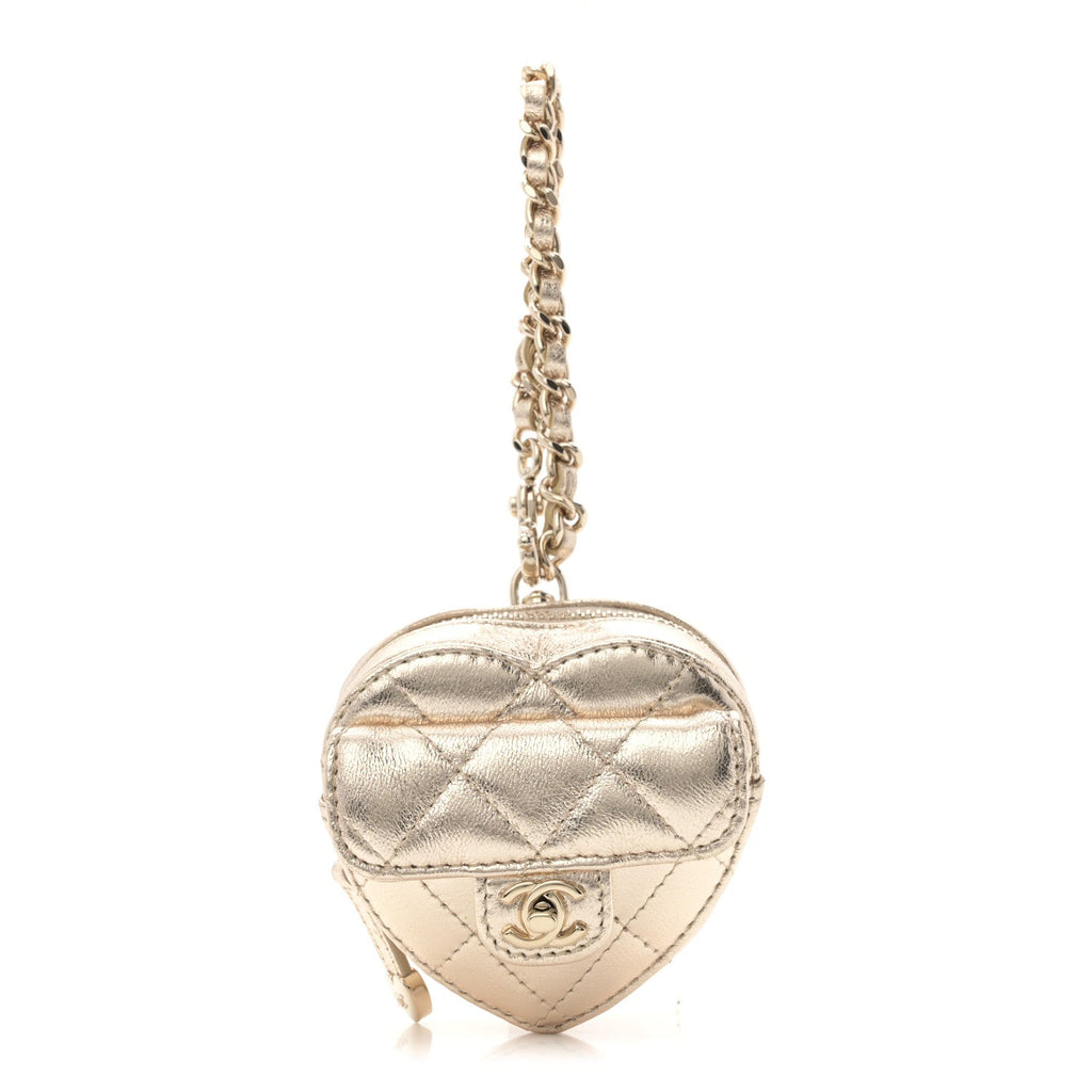 Metallic Lambskin Quilted CC In Love Mini Heart Bag Charm Gold
