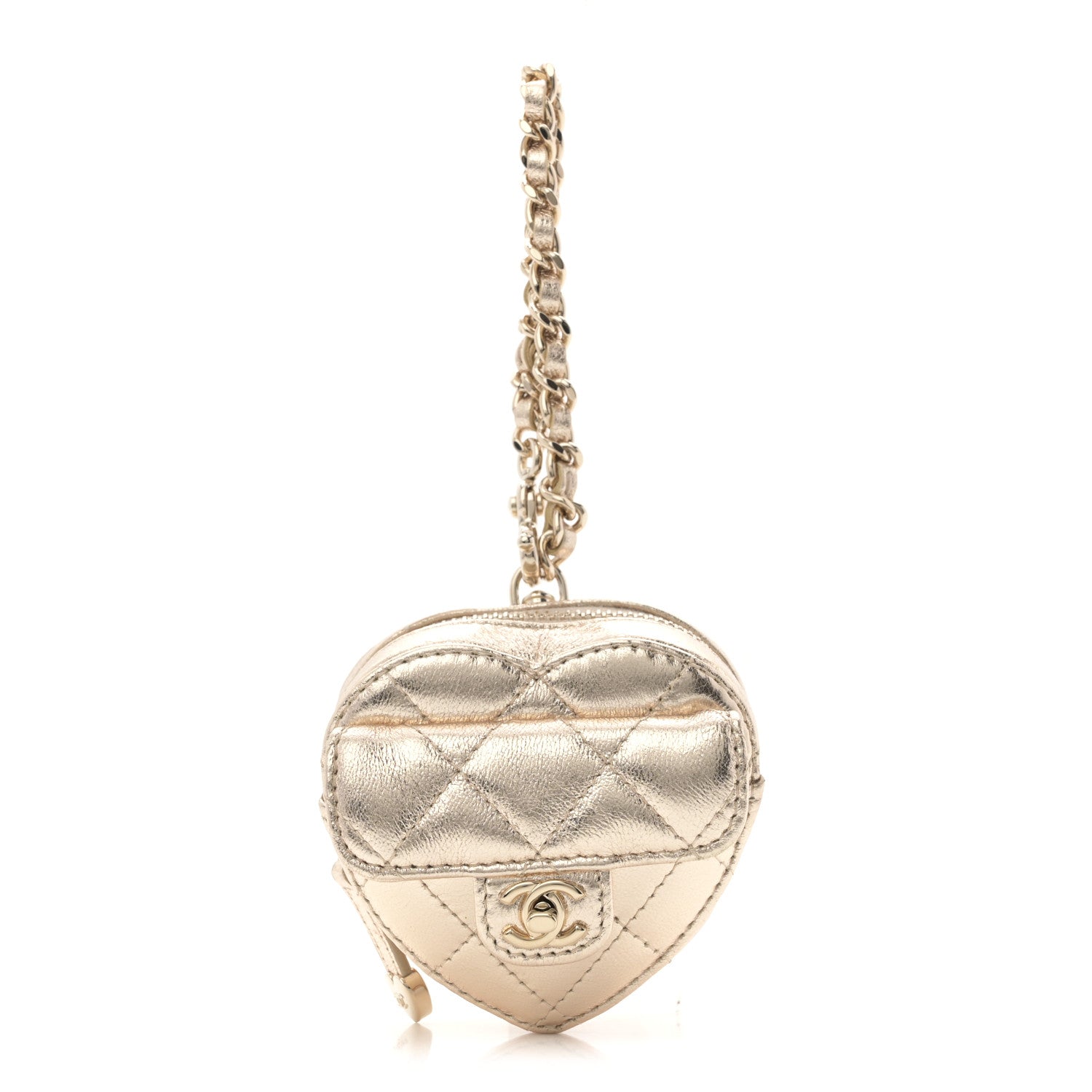 Metallic Lambskin Quilted CC In Love Mini Heart Bag Charm Gold