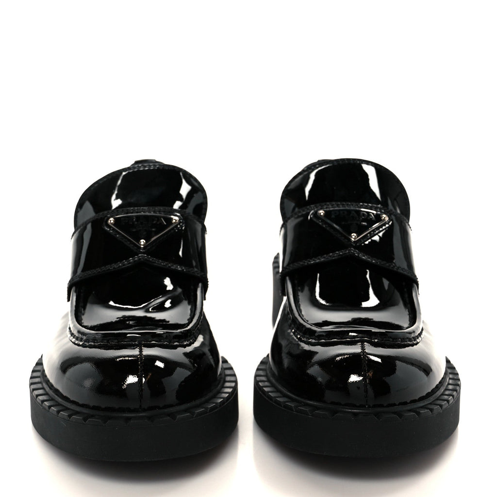 Prada Vernice Metal Triangle Logo 50mm Loafers 39.5 Black
