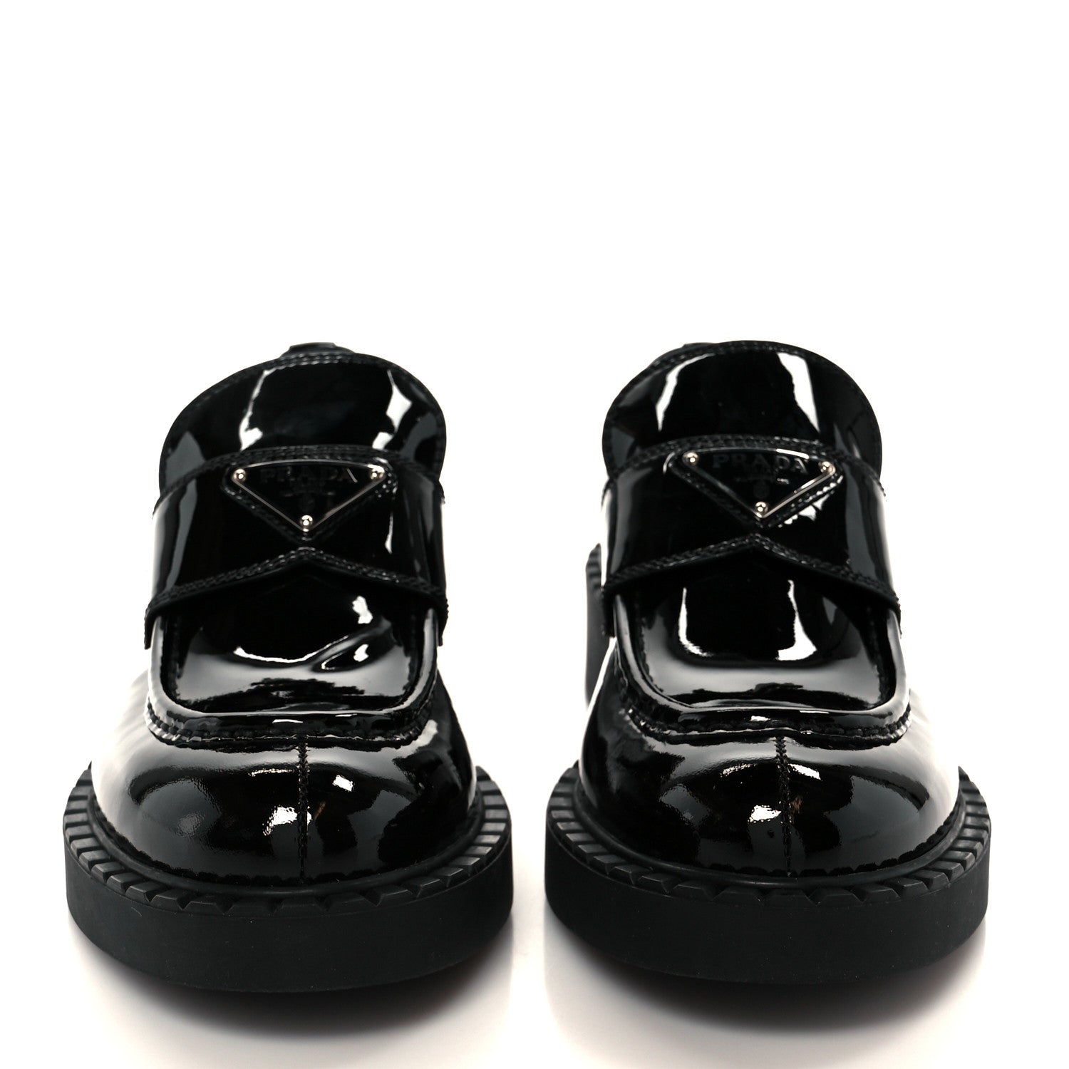 Prada Vernice Metal Triangle Logo 50mm Loafers 39.5 Black
