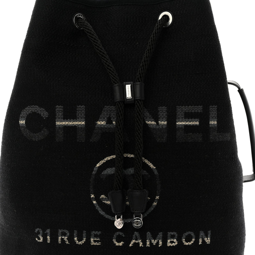 Chanel Striped Canvas Deauville Drawstring Backpack Black