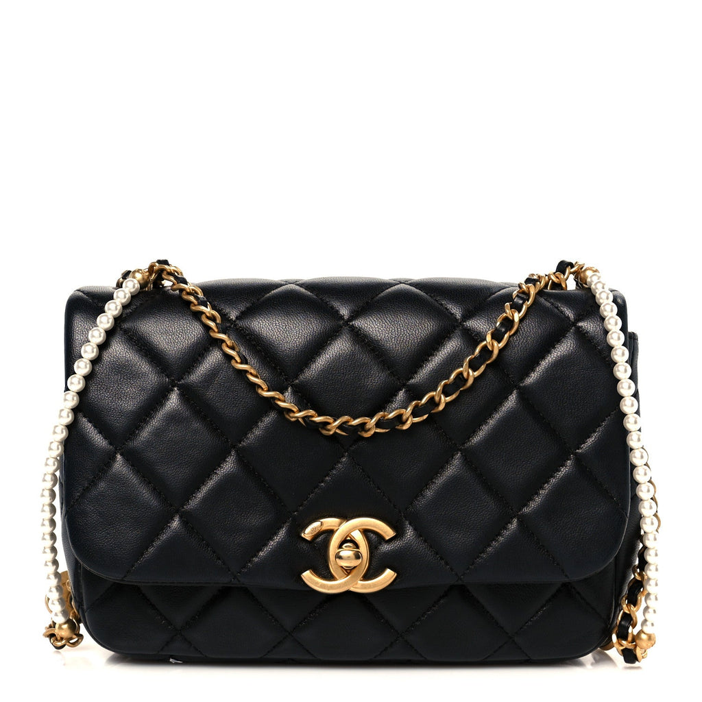Chanel Lambskin Quilted  Pearl  Flap Black