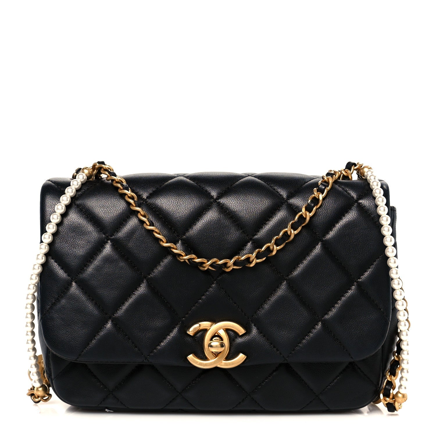 Chanel Lambskin Quilted  Pearl  Flap Black