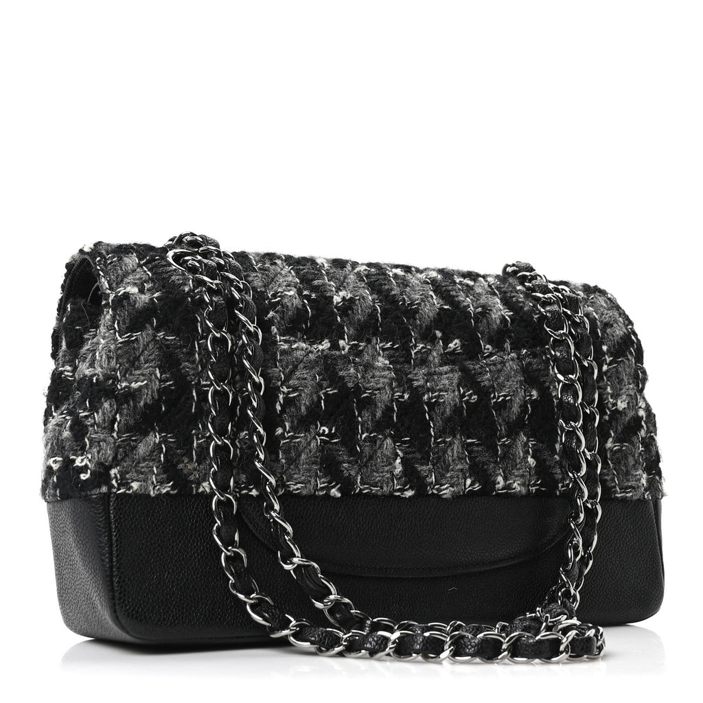Chanel Caviar Tweed Houndstooth Quilted Medium Double Flap Black Grey