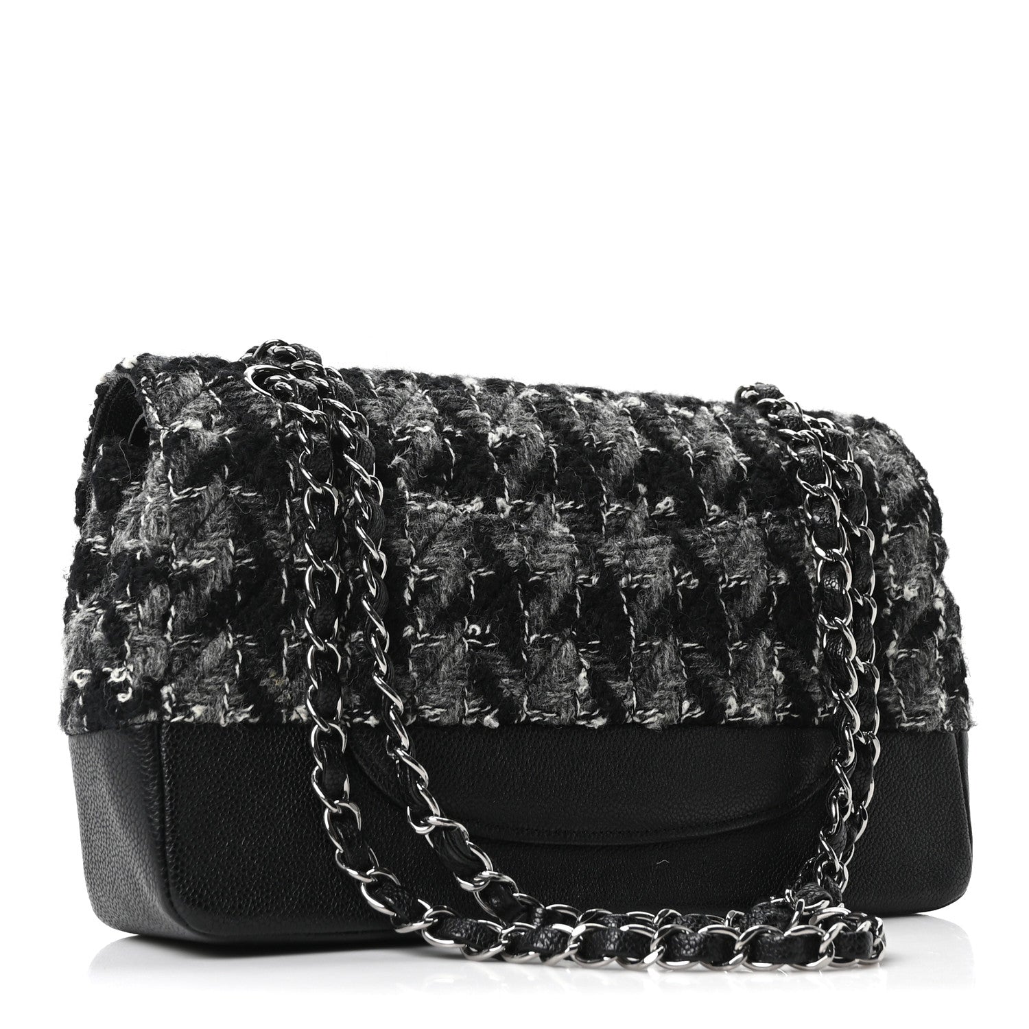 Chanel Caviar Tweed Houndstooth Quilted Medium Double Flap Black Grey