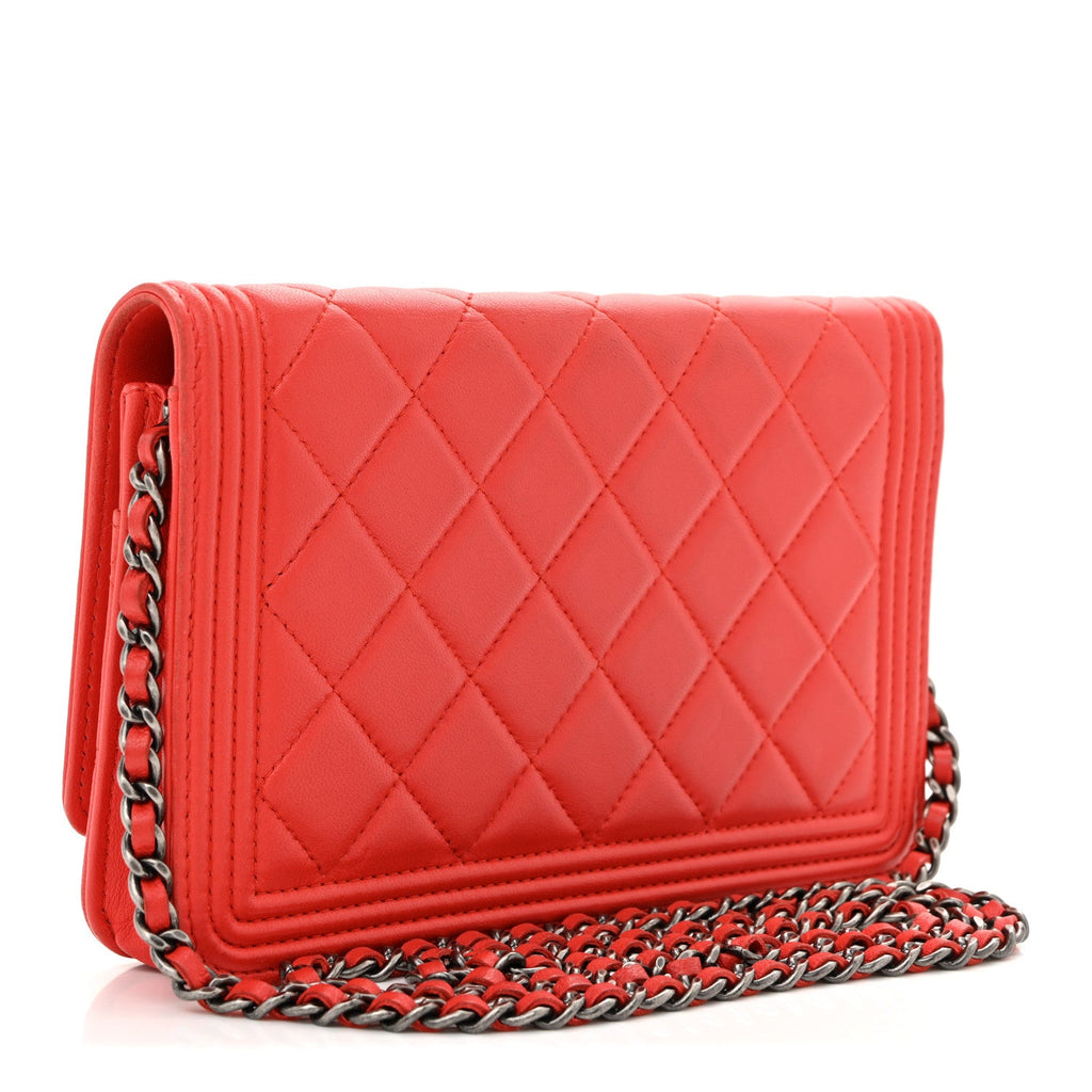 Chanel Lambskin Quilted Boy Wallet On Chain WOC Red