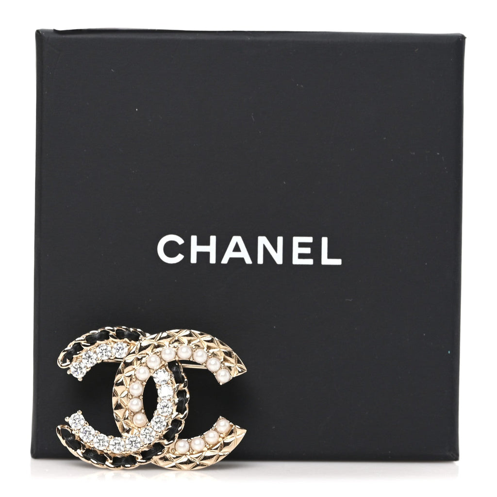 Lambskin Pearl Crystal Quilted CC Brooch Golden Pearly White Black