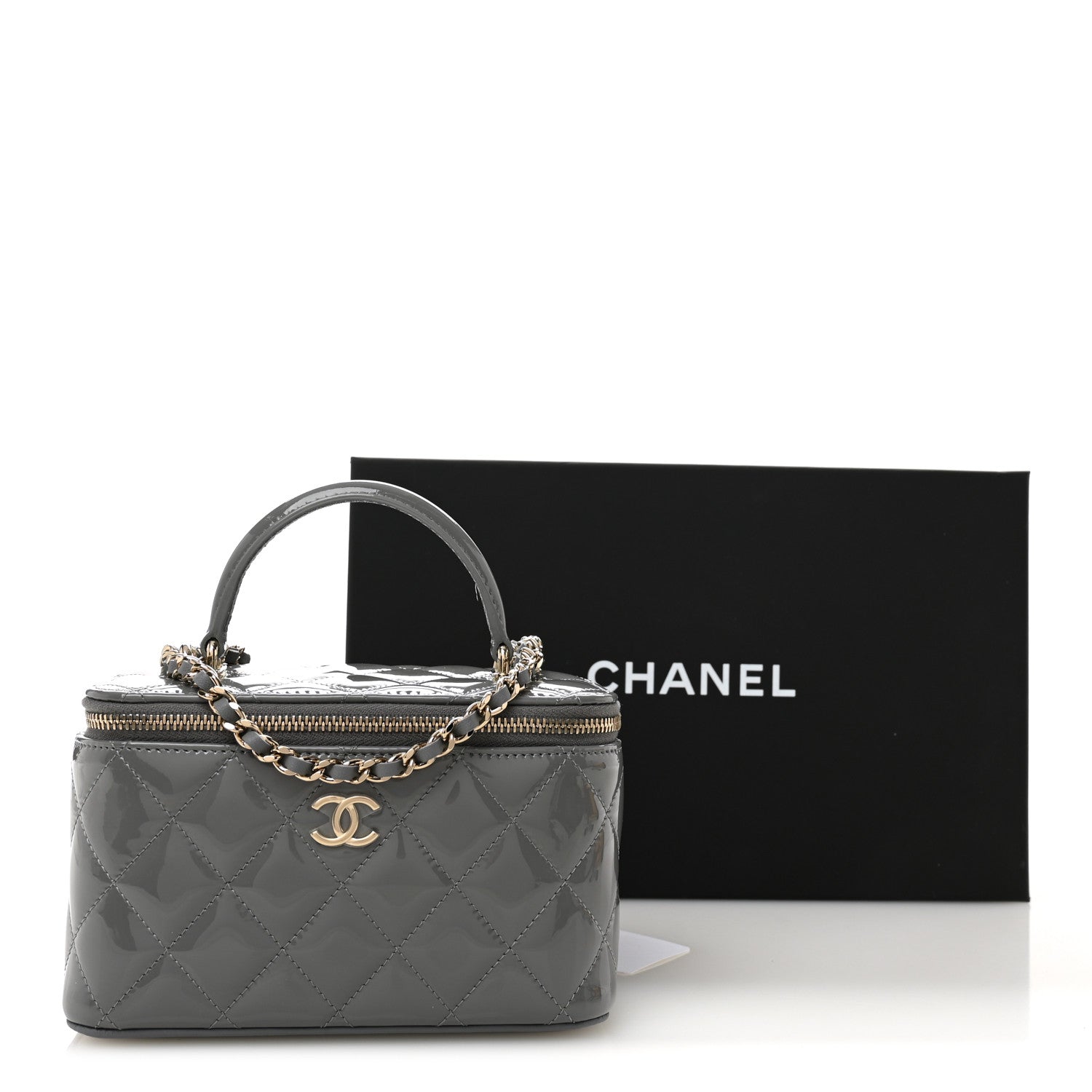 Chanel Patent Quilted Quilted Small Top Handle Vanity Case With Chain Grey