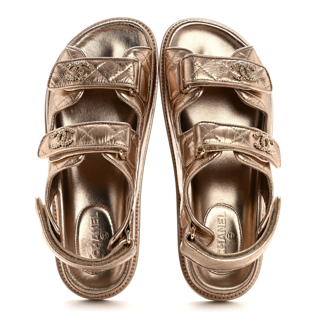 Iridescent Lambskin Quilted Velcro Dad Sandals 36.5 Light Bronze